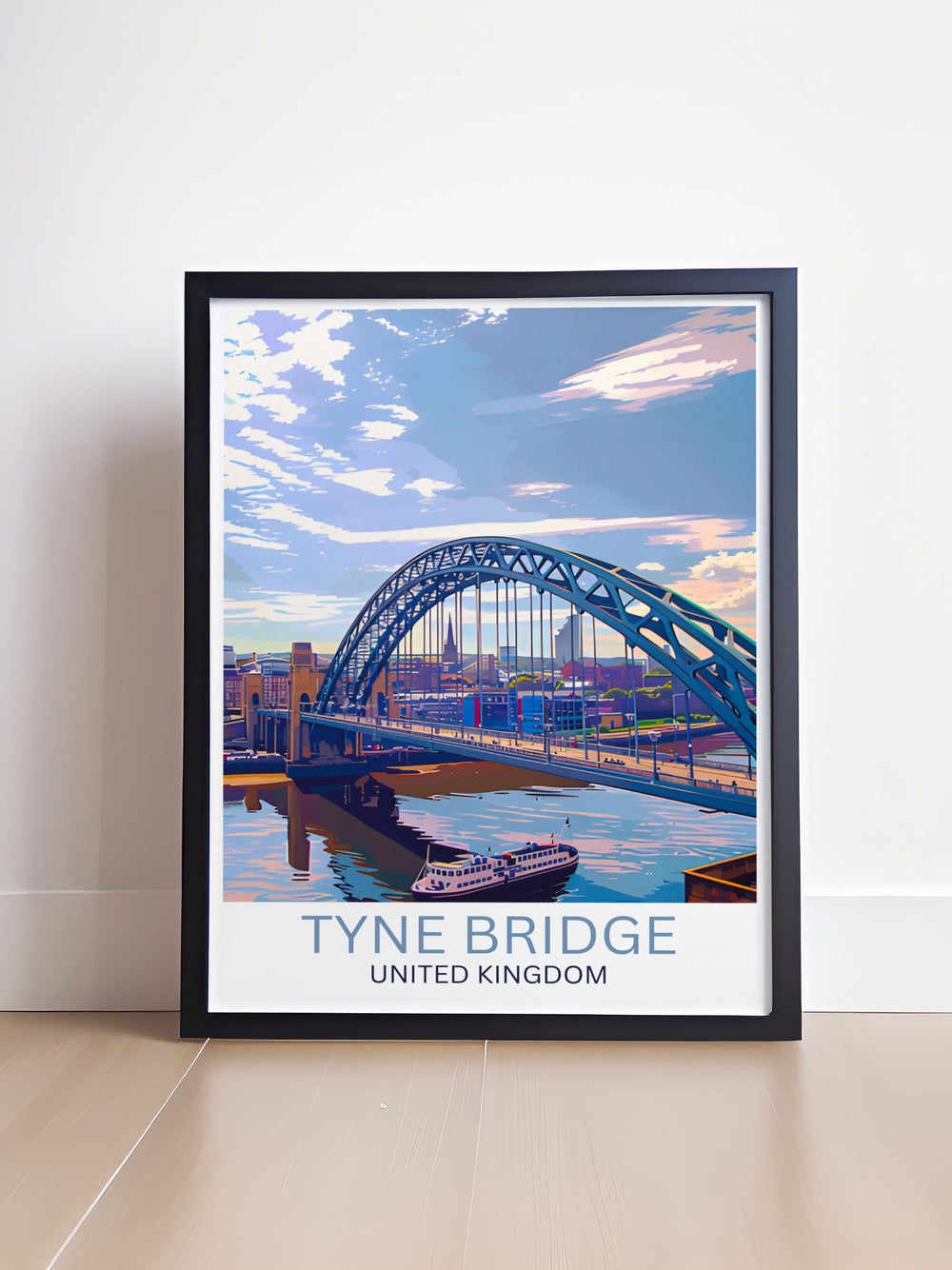 Retro Travel Poster of Tyne Bridge showcasing the iconic architecture of Newcastle Upon Tyne and Gateshead. Ideal for elegant home decor or as a wall art print gift this Newcastle Poster captures the citys modern and historic charm in stunning detail