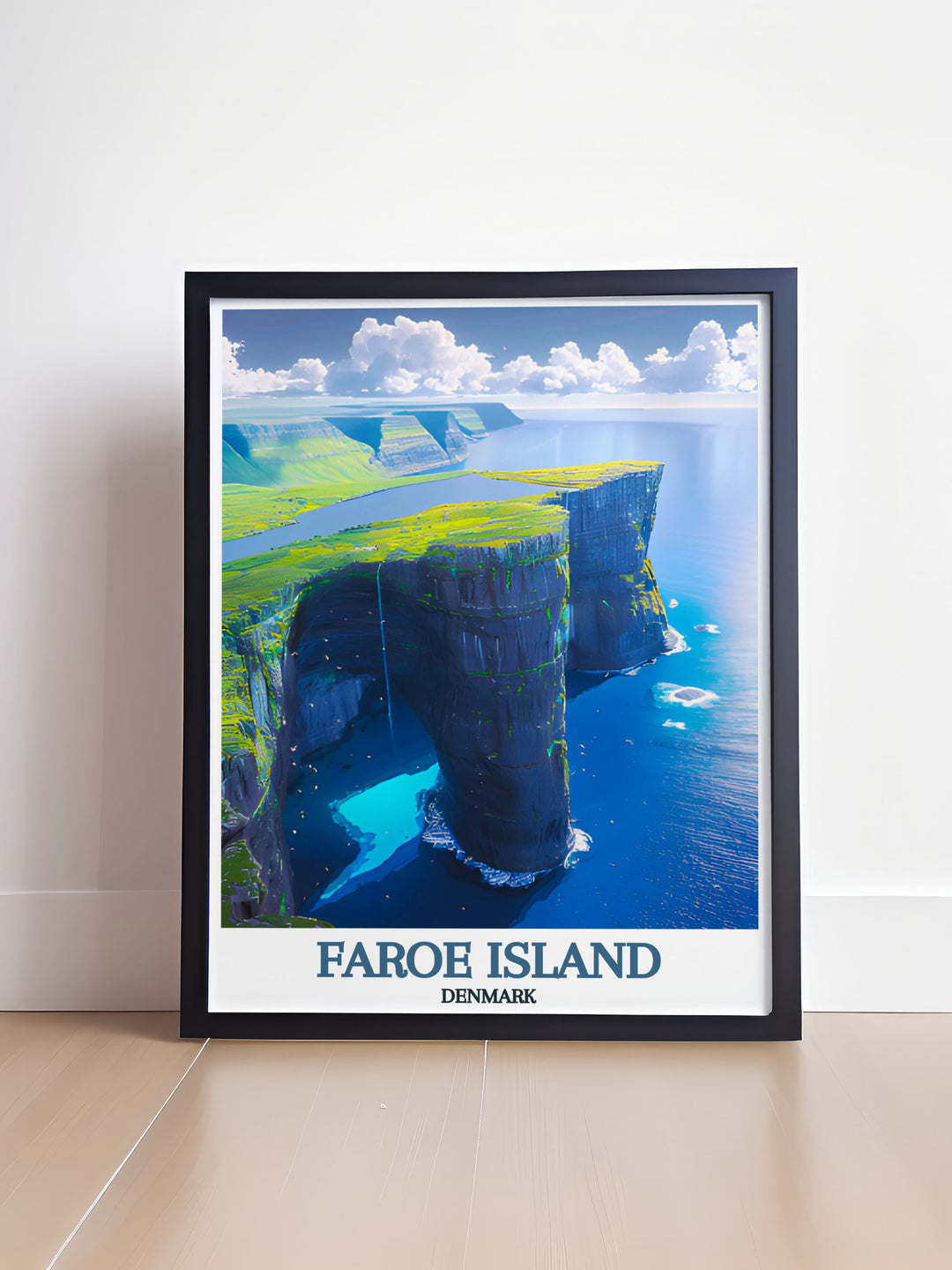 Sørvágsvatn is highlighted in this travel poster, capturing its surreal charm and the dramatic beauty of the Faroe Islands, perfect for your living space.