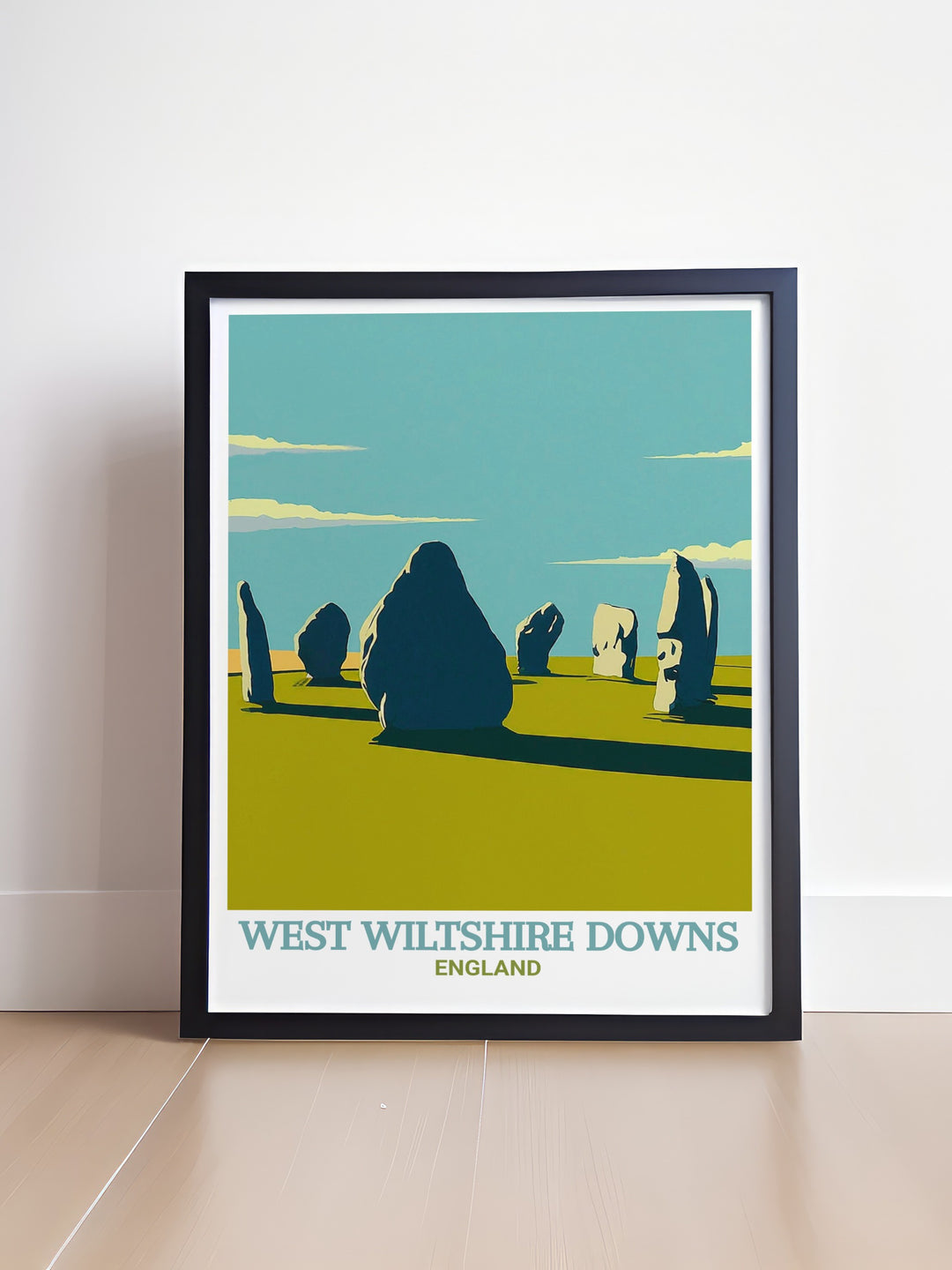 Wiltshire travel print capturing the serene beauty of the West Wiltshire Downs, with its wide open spaces and vibrant greenery. This artwork is perfect for nature enthusiasts or as a thoughtful gift for anyone who enjoys the UKs protected landscapes.