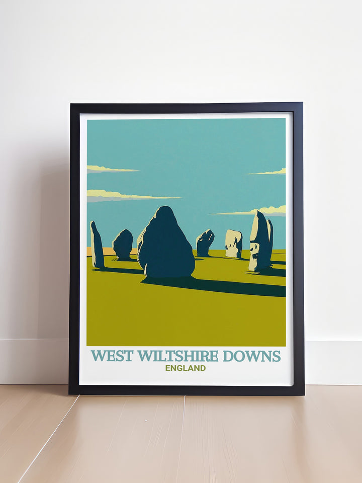 Wiltshire travel print capturing the serene beauty of the West Wiltshire Downs, with its wide open spaces and vibrant greenery. This artwork is perfect for nature enthusiasts or as a thoughtful gift for anyone who enjoys the UKs protected landscapes.