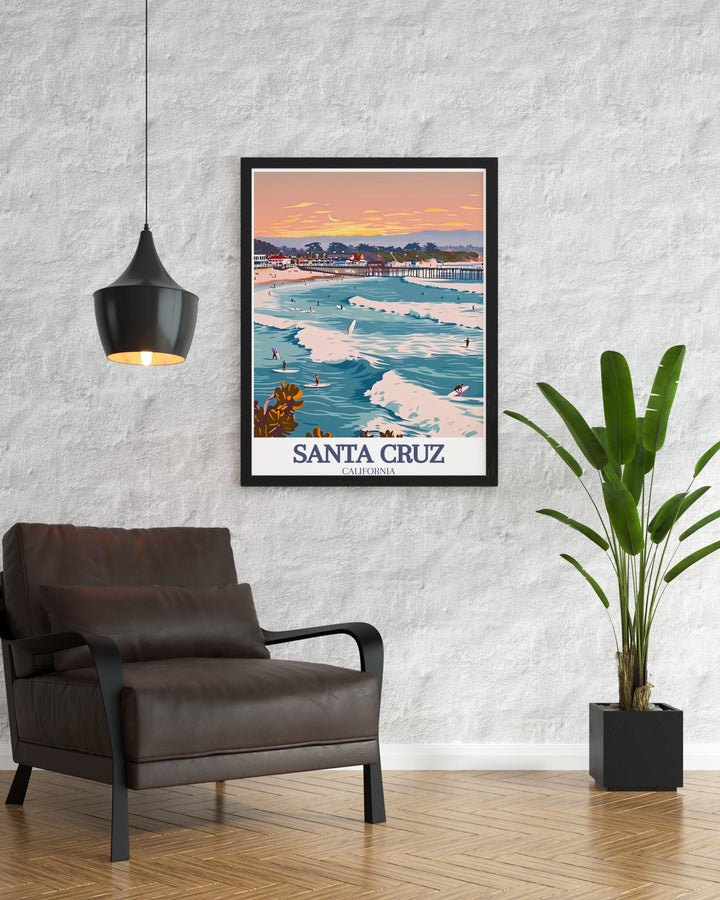 Elegant home decor featuring Santa Cruz Beach Boardwalk and Santa Cruz Wharf prints showcasing the beauty of California travel stunning California artwork perfect for transforming any living space with vibrant coastal charm ideal for Santa Cruz decor lovers.