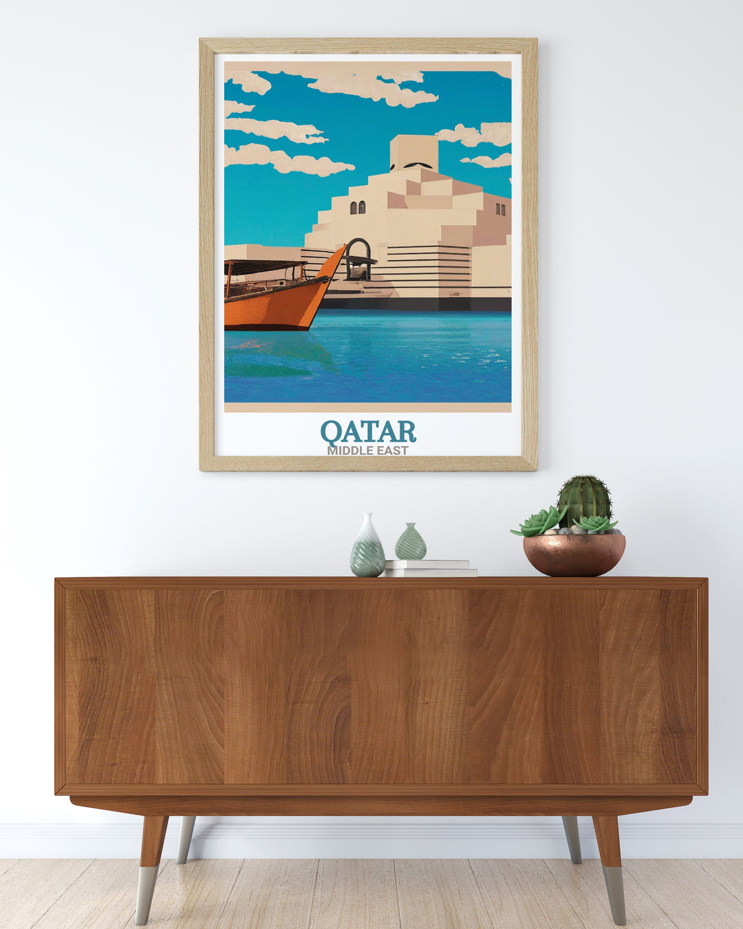 A stunning art print of Qatars Museum of Islamic Art. The poster captures the striking blend of traditional Islamic and contemporary design in the museums architecture, ideal for adding a touch of culture and sophistication to your space.