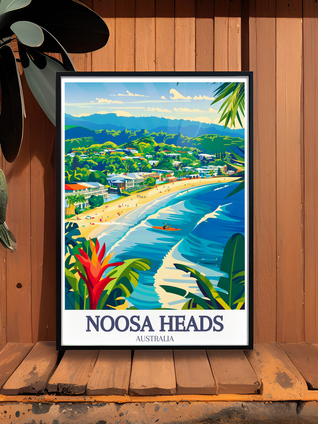 Noosa Heads Main Beach Wall Art capturing the bustling energy of the Sunshine Coasts most popular destination. This colorful print also includes a serene representation of the Everglades, making it a great choice for anyone looking to mix beach vibes with natural beauty.