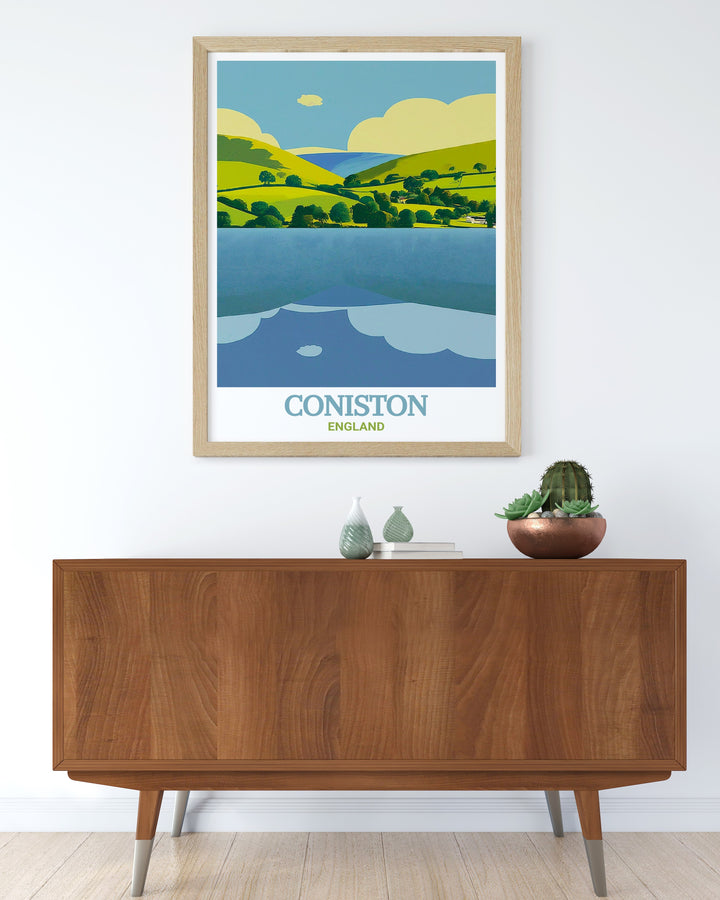 Lake District travel poster featuring Coniston Water, beautifully capturing the stillness of the lake and the majestic hills that define this beloved region of England.