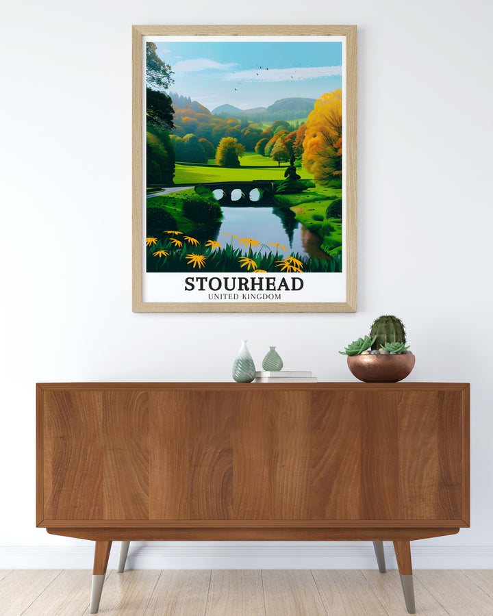 Palladian Bridge Framed Art from Stourhead Gardens, capturing the timeless beauty of this classical structure within the serene landscape, a perfect blend of nature and architecture for your wall decor.