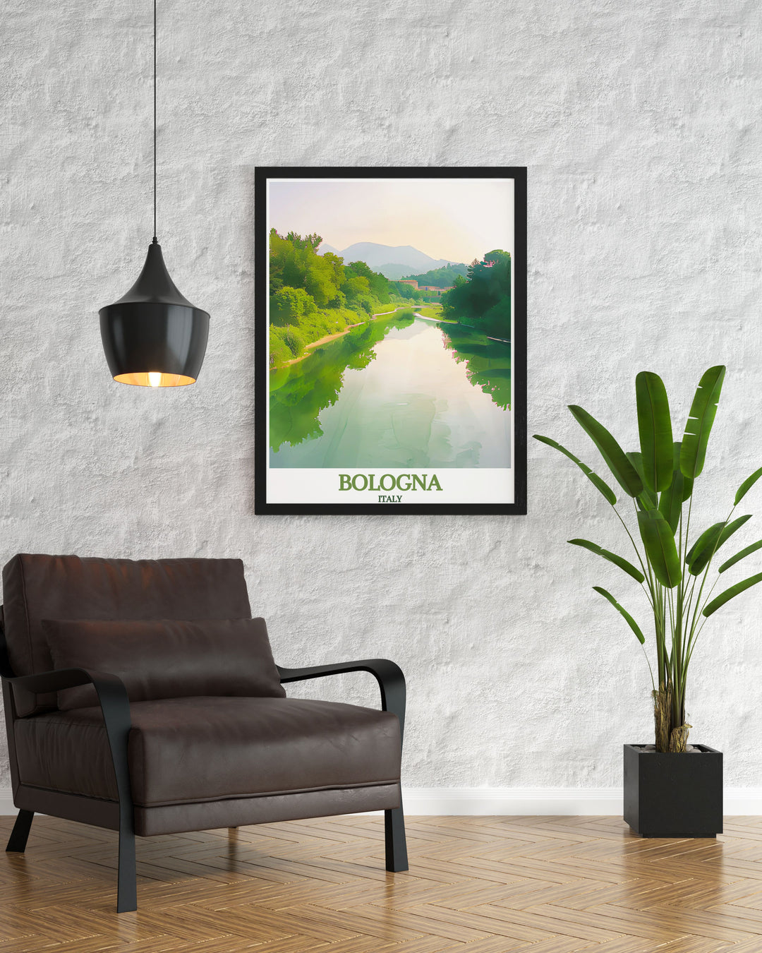 Elegant Bologna wall art depicting the Two Towers and the scenic Reno River, showcasing the citys urban charm and natural tranquility. Perfect for adding sophistication to any room.