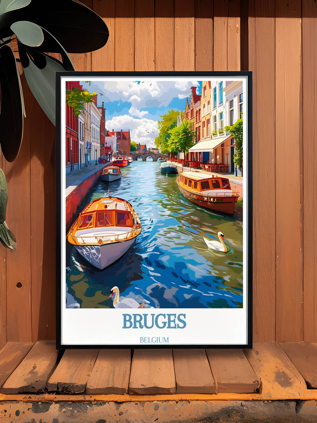 Springtime along the canal of Bruges with blooming flowers and traditional architecture in a scenic wall art