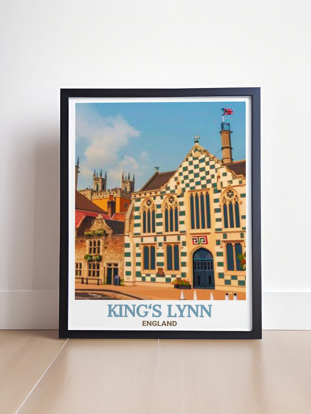 Celebrate Kings Lynns historic landmarks with this detailed poster print of the Town Hall and Trinity Guildhall. This travel print showcases Englands architectural brilliance, making it an ideal wall art piece for your home.