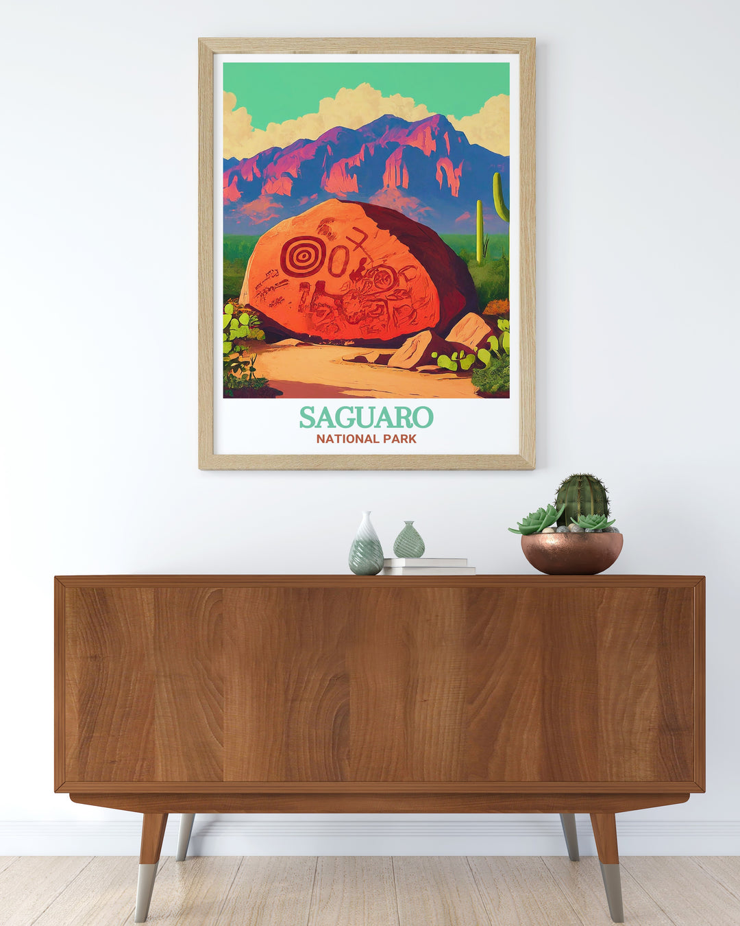 Add a touch of the American Southwest to your decor with this Arizona travel poster, showcasing the stunning scenery of Saguaro National Park and the ancient rock carvings of Signal Hill, a perfect gift for nature lovers.