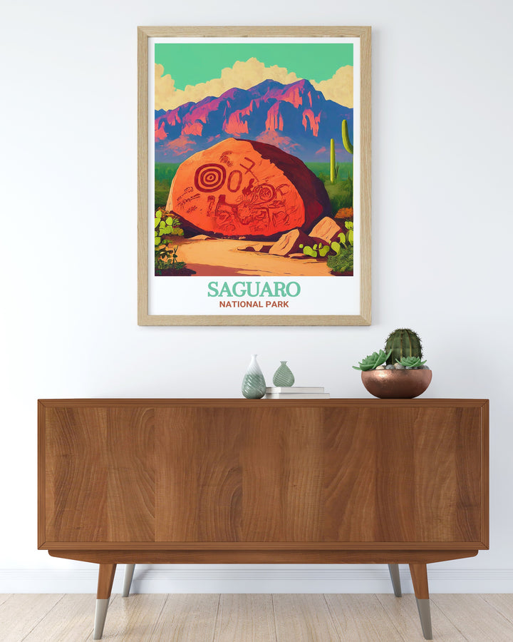 Add a touch of the American Southwest to your decor with this Arizona travel poster, showcasing the stunning scenery of Saguaro National Park and the ancient rock carvings of Signal Hill, a perfect gift for nature lovers.