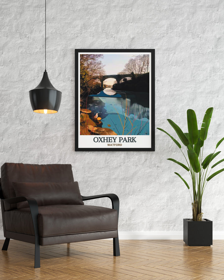 River Colne Framed Prints showcase the beauty of Oxhey Hertfordshire with stunning views of the River Colne surrounded by lush greenery perfect for adding elegance and sophistication to any living room or home office decor.