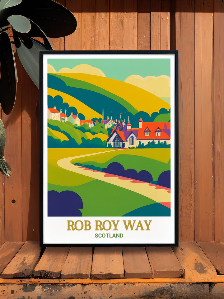 Celebrate Scotlands rich history and hiking culture with this Rob Roy Way travel print. Featuring picturesque views of Loch Tay, Aberfoyle, and the Trossachs, this art print is a must have for lovers of the great outdoors.