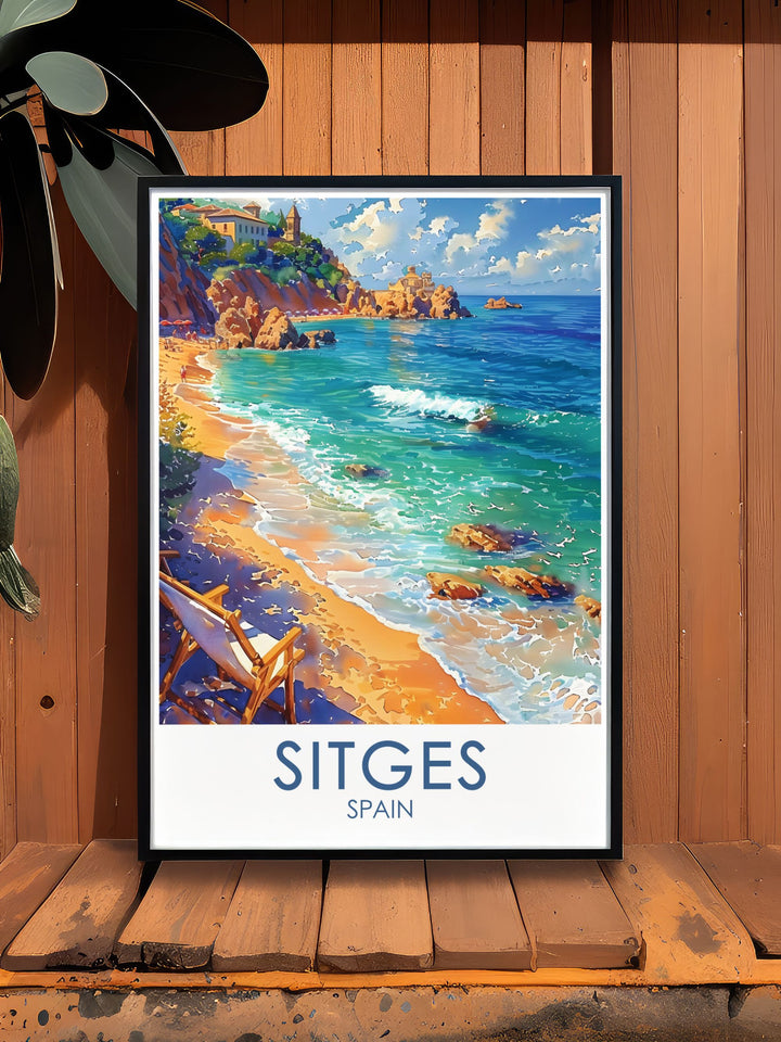 Explore the charm of Sitges, Spain, with this vibrant poster featuring its stunning beaches, capturing the historic and coastal beauty of this enchanting town.