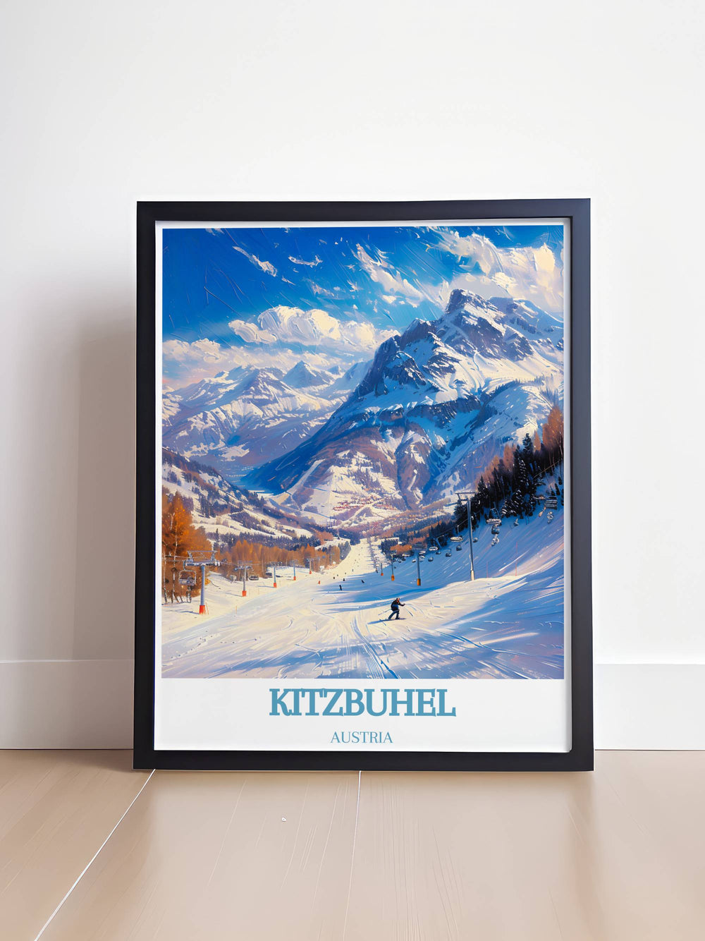 Hahnenkamn Modern Prints showcasing the excitement of the Kitzbuhel Ski Resort and the iconic Hahnenkamn Ski Race an elegant and sophisticated piece for living room décor bringing the thrill of skiing Austria into your home