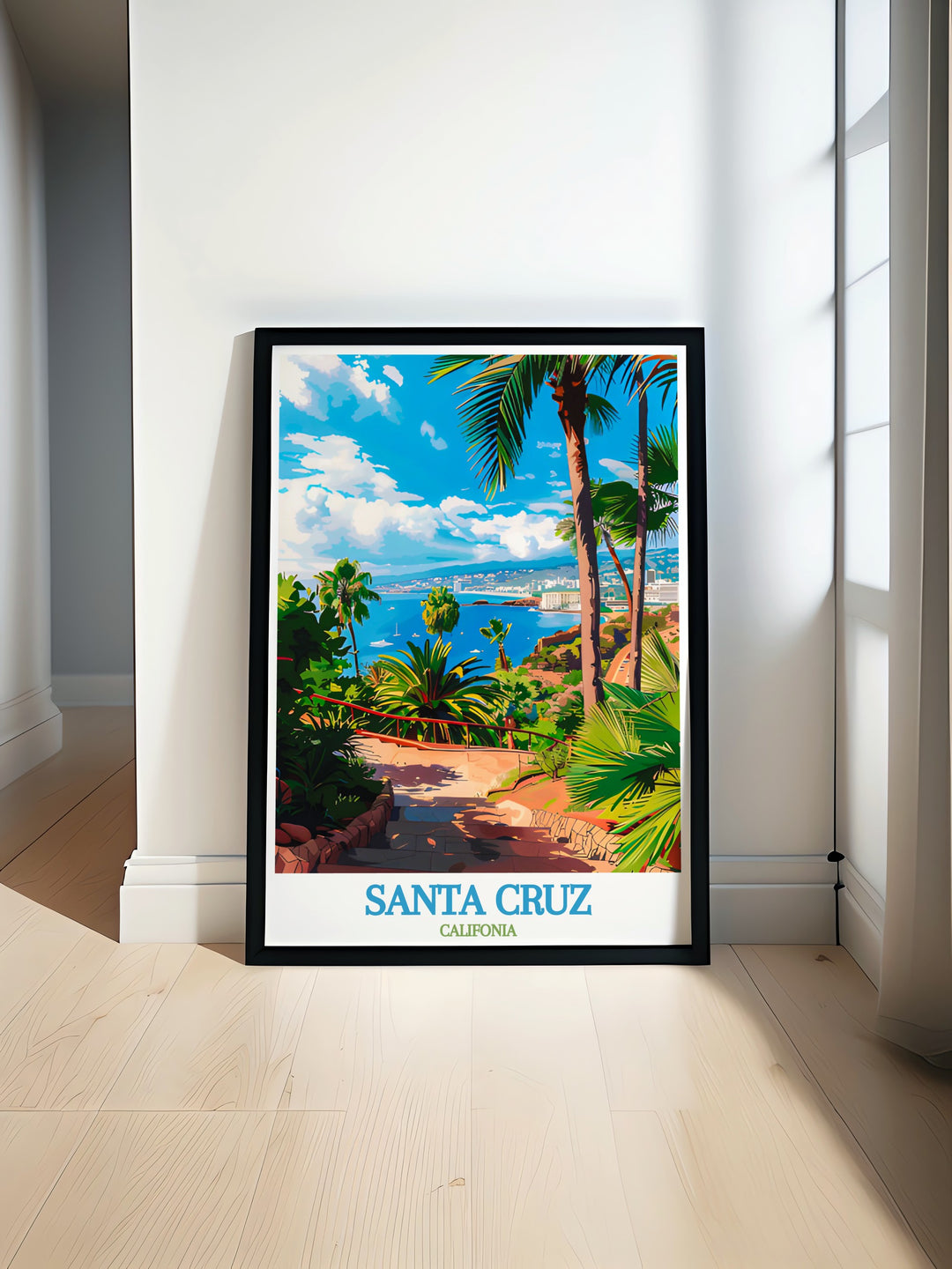 Santa Cruz poster print brings California travel vibes to life. Combined with Palmetum de Santa Cruz prints this artwork offers a perfect way to elevate modern decor and make a thoughtful gift for art lovers and travelers seeking California inspired home decor.