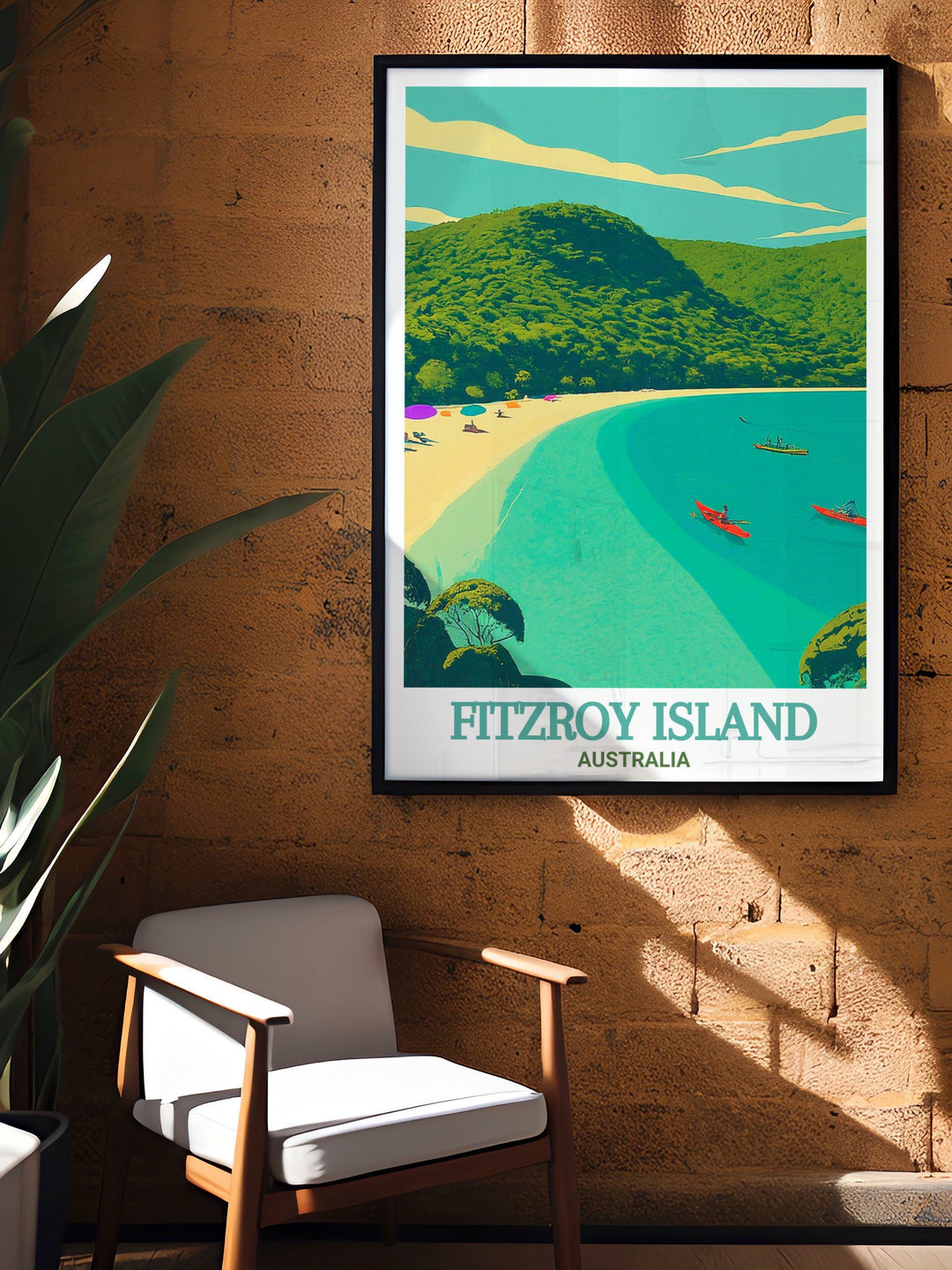 Welcome Bay wall art highlights the relaxing atmosphere of Fitzroy Islands hidden cove, with its white sandy beaches and clear waters. This Australia travel print is perfect for bringing a piece of paradise into your living space, ideal for beach lovers.