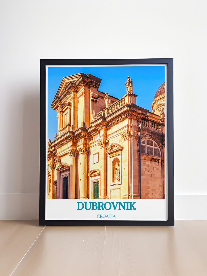 Travel poster showcasing the majestic Dubrovnik Cathedral, set against the stunning backdrop of the Adriatic Sea, ideal for history enthusiasts and travel lovers.