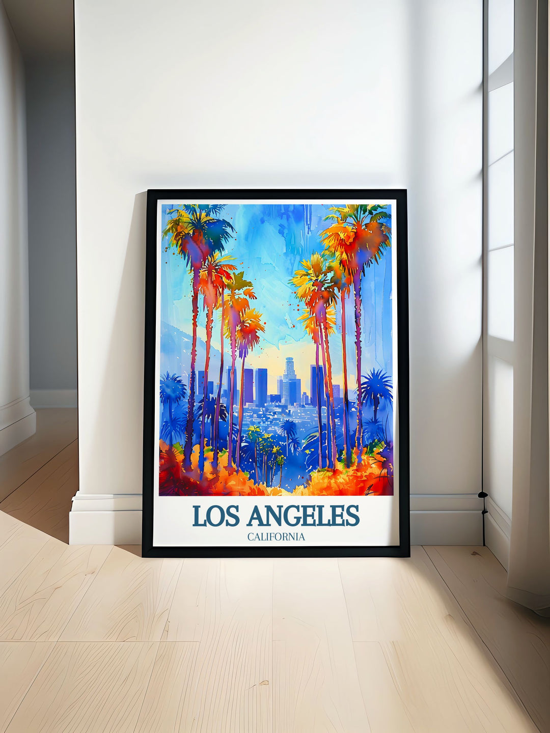 Downtown skyline Los Angeles print capturing the vibrant urban landscape perfect for modern home decor this artwork brings the dynamic energy of the city into your living space a stunning addition for those who love California prints and travel art