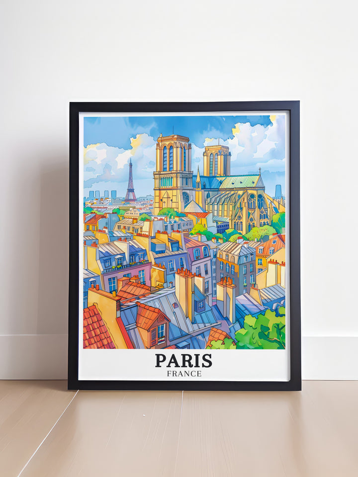 Colorful Paris Art Print of the Eiffel Tower and Notre Dame Cathedral perfect for decorating your living room or bedroom. This modern print is a great gift idea for friends and loved ones.