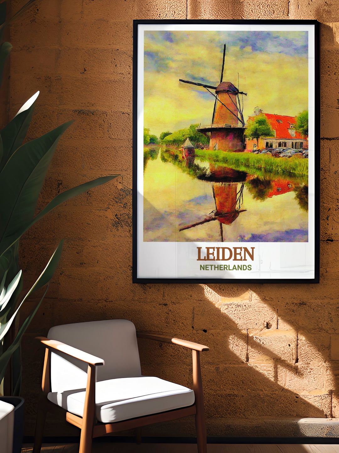 Molen de Valk canvas art capturing the iconic windmill set against the beautiful scenery of Leiden, Netherlands. This travel print brings the elegance and history of the Netherlands into your home, making it a perfect addition for lovers of Dutch architecture and culture.