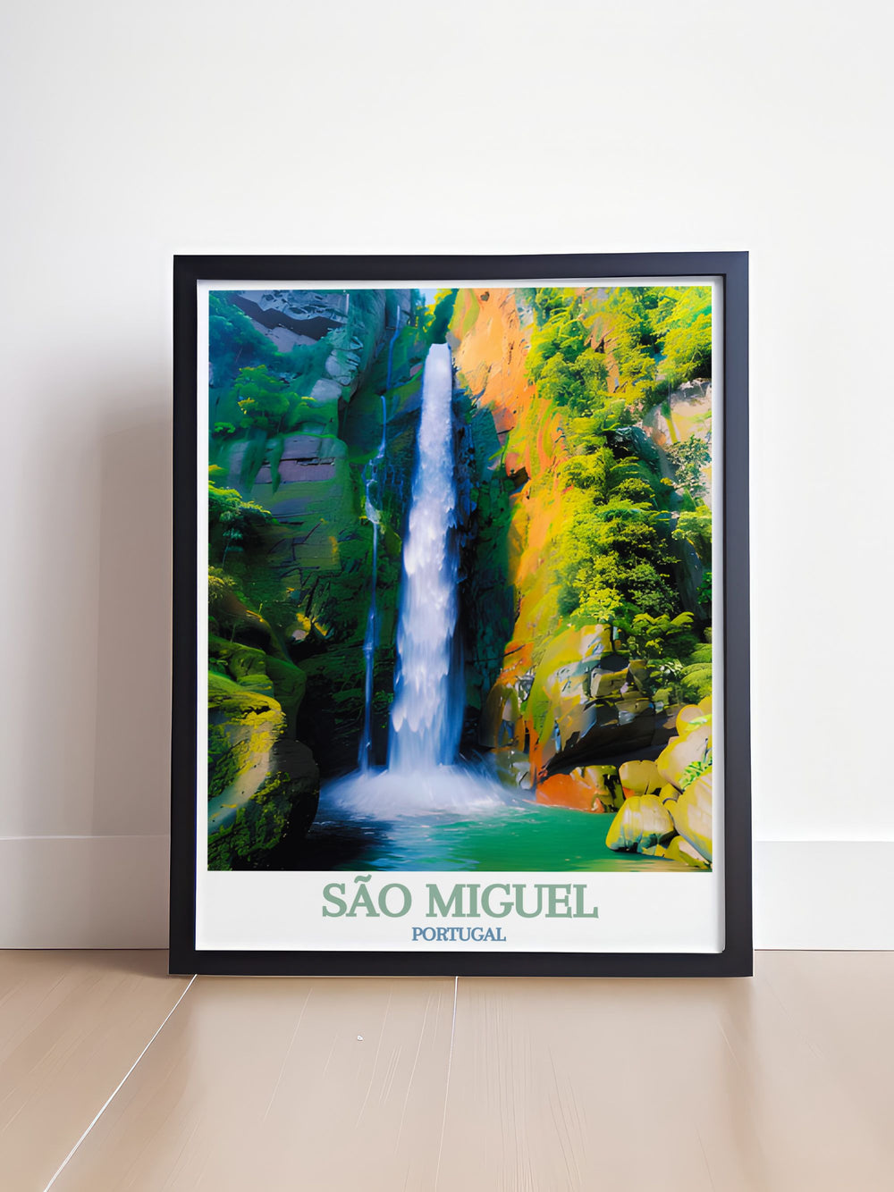 This São Miguel travel poster showcases the enchanting beauty of Salto do Cabrito, with its vibrant greenery and cascading waterfalls. Ideal for enhancing your home with island charm.