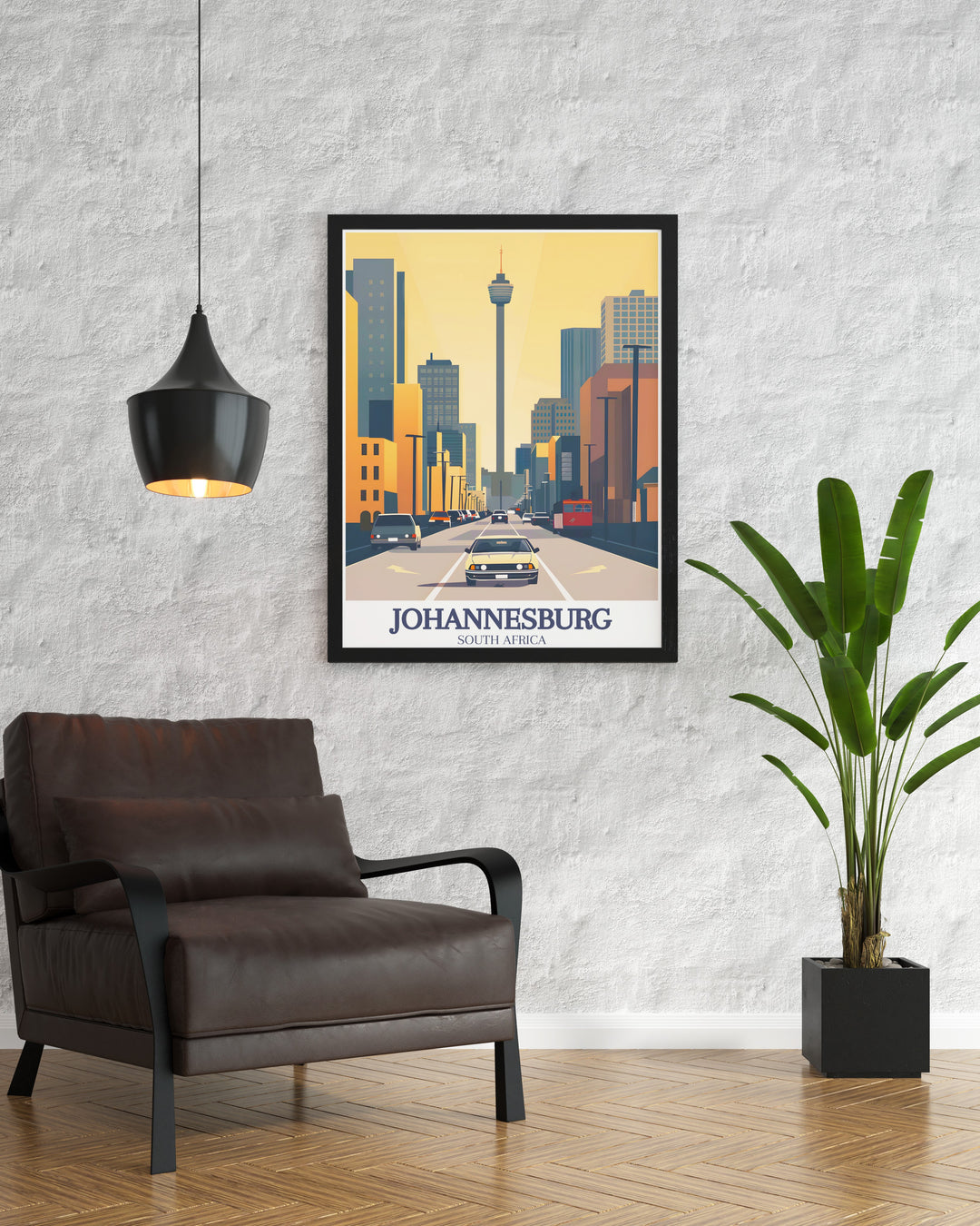 A modern Johannesburg travel print of Hillbrow Tower and Carlton Centre, showcasing the citys sleek skyline. Perfect for lovers of urban art and South African culture, this print adds a touch of sophistication to any space.