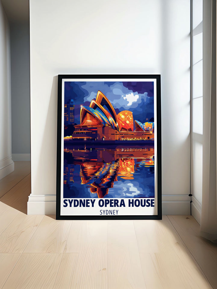 Sydney Opera House featured in a vintage travel poster with intricate design showcasing the iconic sails and city backdrop ideal for home decor and art enthusiasts