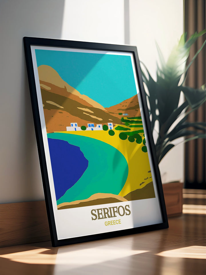 This Serifos poster features the idyllic Psili Ammos Beach, where the clear blue waters meet the golden sands. Perfect for creating a relaxing atmosphere, this print is a beautiful reminder of Greeces coastal charm.