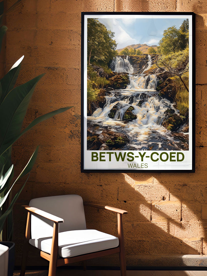 Vintage style Betws y Coed poster highlighting the villages iconic landmarks and natural landscapes a timeless piece of Wales art print that adds charm and elegance to any room Swallow Falls is included for a complete scenic view.
