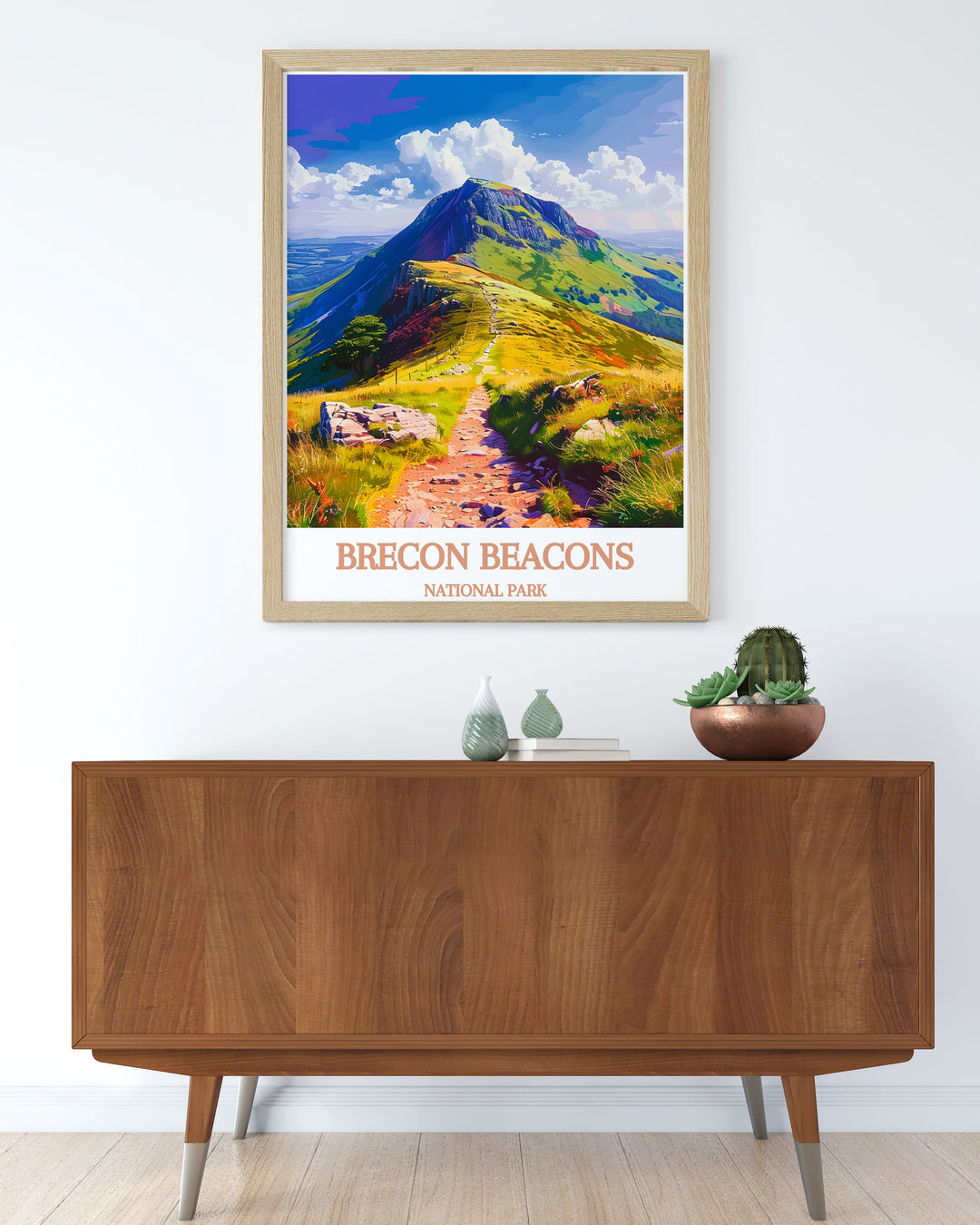 Welsh travel poster featuring the Brecon Beacons and Pen Y Fan, showcasing the stunning natural scenery and inviting you to experience the beauty of this beloved national park. Perfect for enhancing any room with a touch of adventure and wonder.