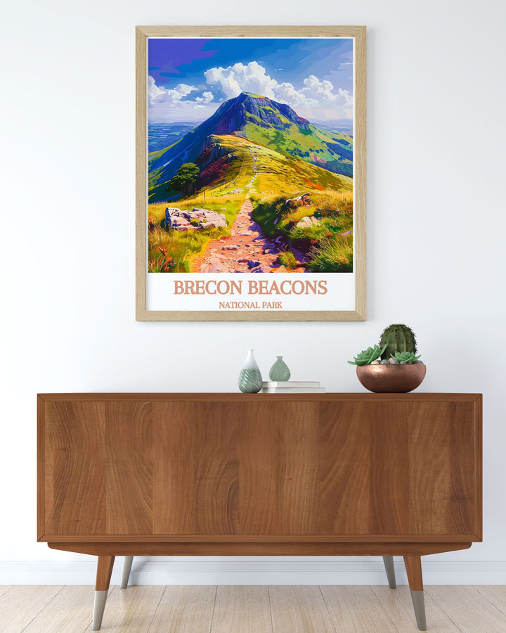 Welsh travel poster featuring the Brecon Beacons and Pen Y Fan, showcasing the stunning natural scenery and inviting you to experience the beauty of this beloved national park. Perfect for enhancing any room with a touch of adventure and wonder.