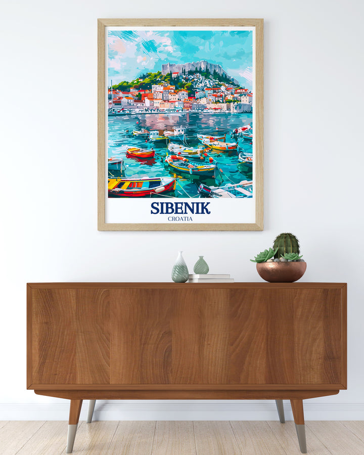 This detailed print of Sibenik Harbor and St. Michaels Fortress offers a glimpse into the heart of Croatias Adriatic coast. The vibrant colors and careful design make it an ideal addition to any travel lovers collection of wall decor.