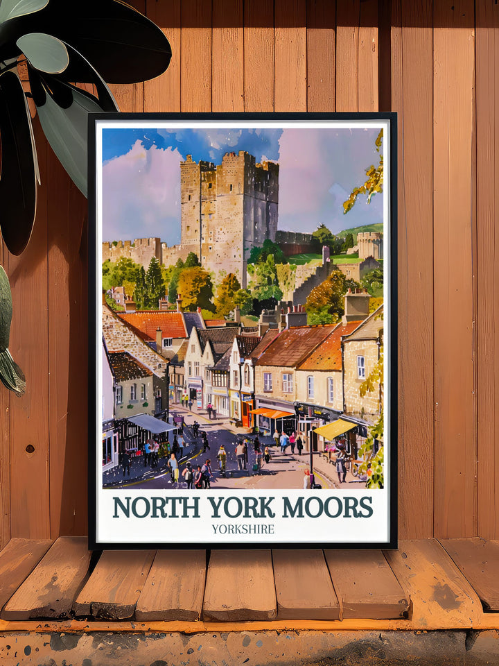 Discover the picturesque landscapes of Yorkshire with our travel posters and North York Moors art featuring Helmsley Castle print perfect for modern art or framed prints creating stunning living room decor and elegant home decor.