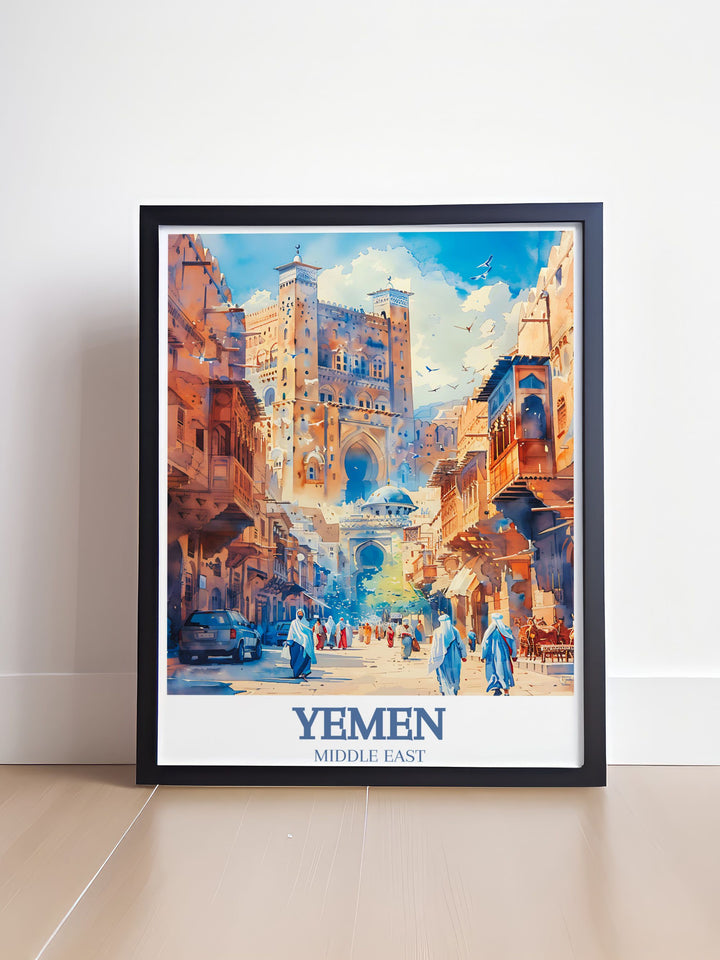 Yemen City Map showcasing Sanaas famous landmarks Al Jami al Kabir mosque and Bab Al Yaman a perfect blend of art and history for personalized gifts and home decor