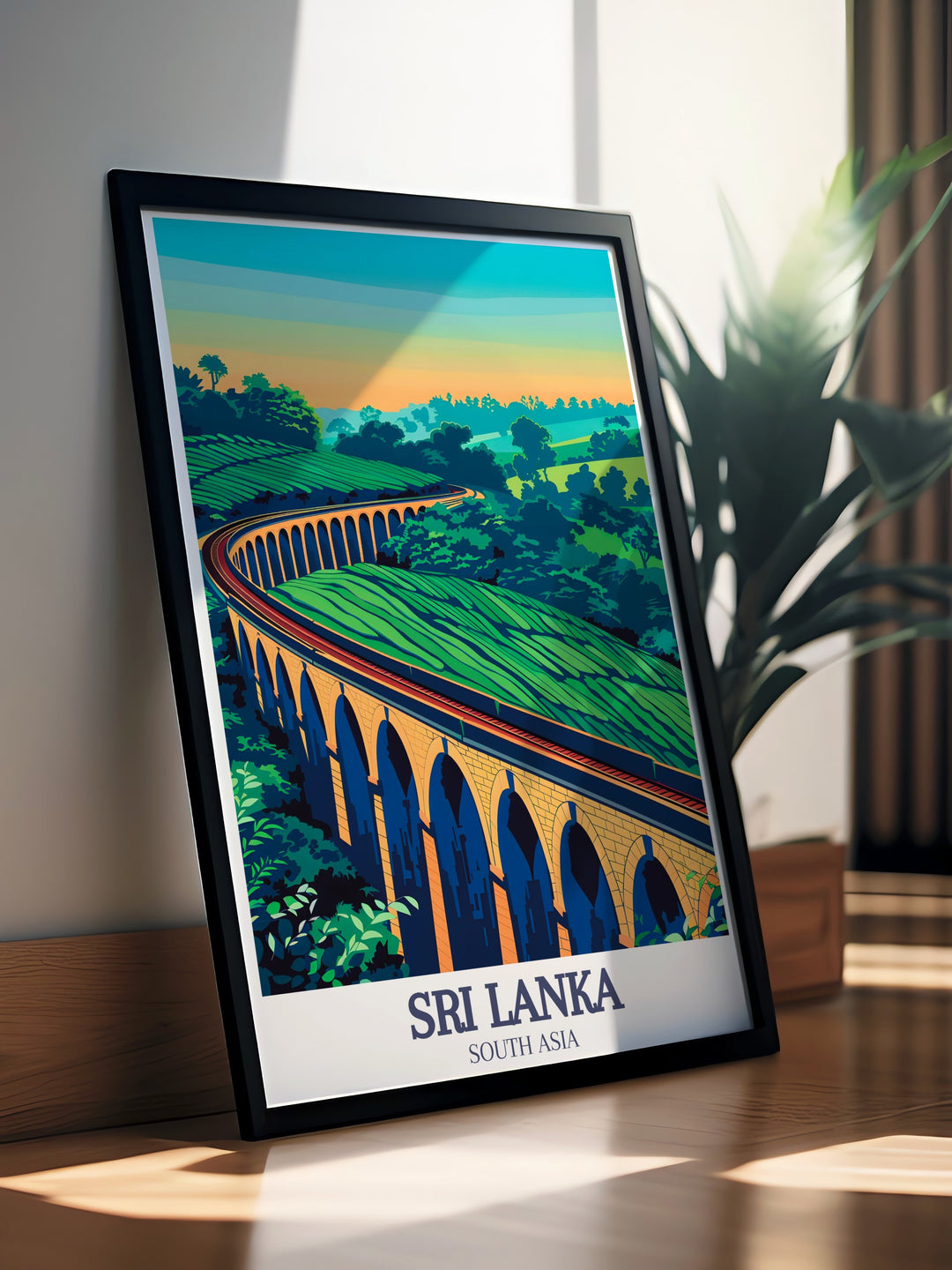 The serene landscapes of Sri Lankas Demodara and the iconic Nine Arch Bridge come to life in this beautiful travel poster. Featuring lush greenery and colonial architecture, the print is a tribute to one of Sri Lankas most famous landmarks and a perfect addition to any art collection.