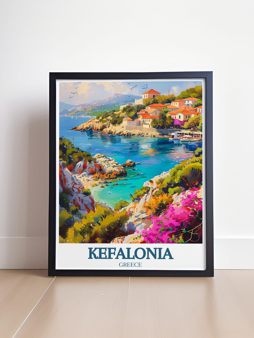 Detailed illustration of Assos Village, highlighting its colorful houses, narrow streets, and serene atmosphere. This fine art print beautifully captures the idyllic charm and tranquility of this coastal village.