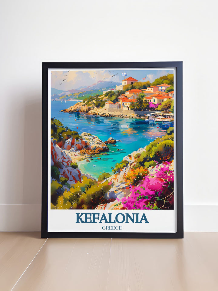 This Kefalonia poster print showcases the stunning coastal beauty of the Ionian Islands, featuring Assos Village and its charming Venetian architecture against the backdrop of the serene Ionian Sea.