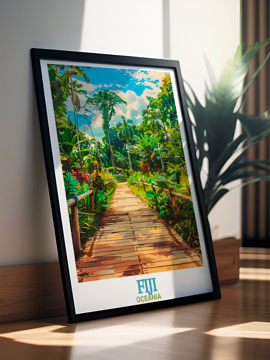 Fiji wall decor featuring a stunning depiction of Garden of the Sleeping Giant ideal for nature lovers. This Garden of the Sleeping Giant artwork adds a touch of tropical paradise to any room with its vibrant colors and detailed scenery.