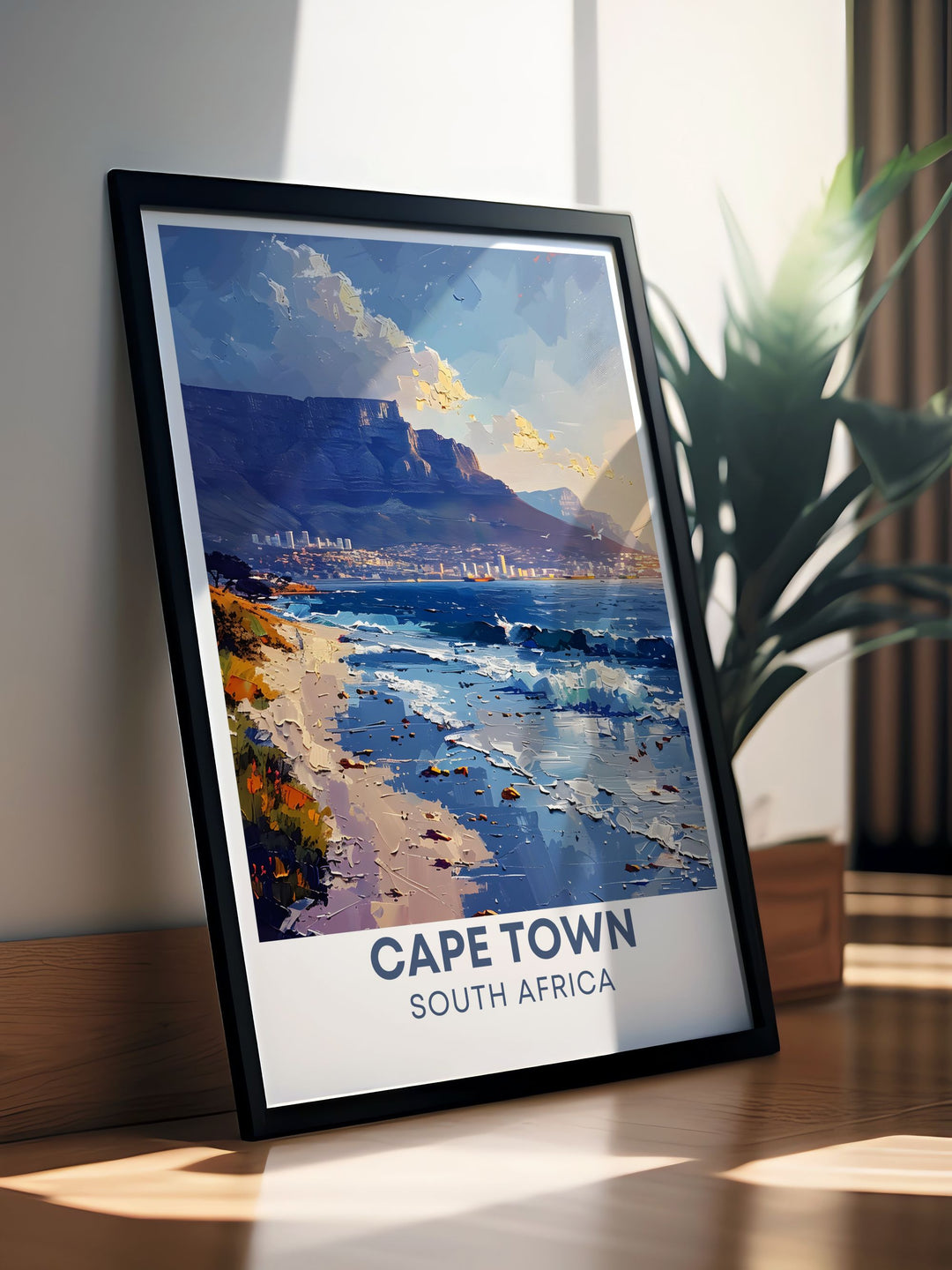 The picturesque scenery of Cape Town with Table Mountain as a backdrop is featured in this vibrant travel poster, perfect for adding South Africas unique charm to your home.