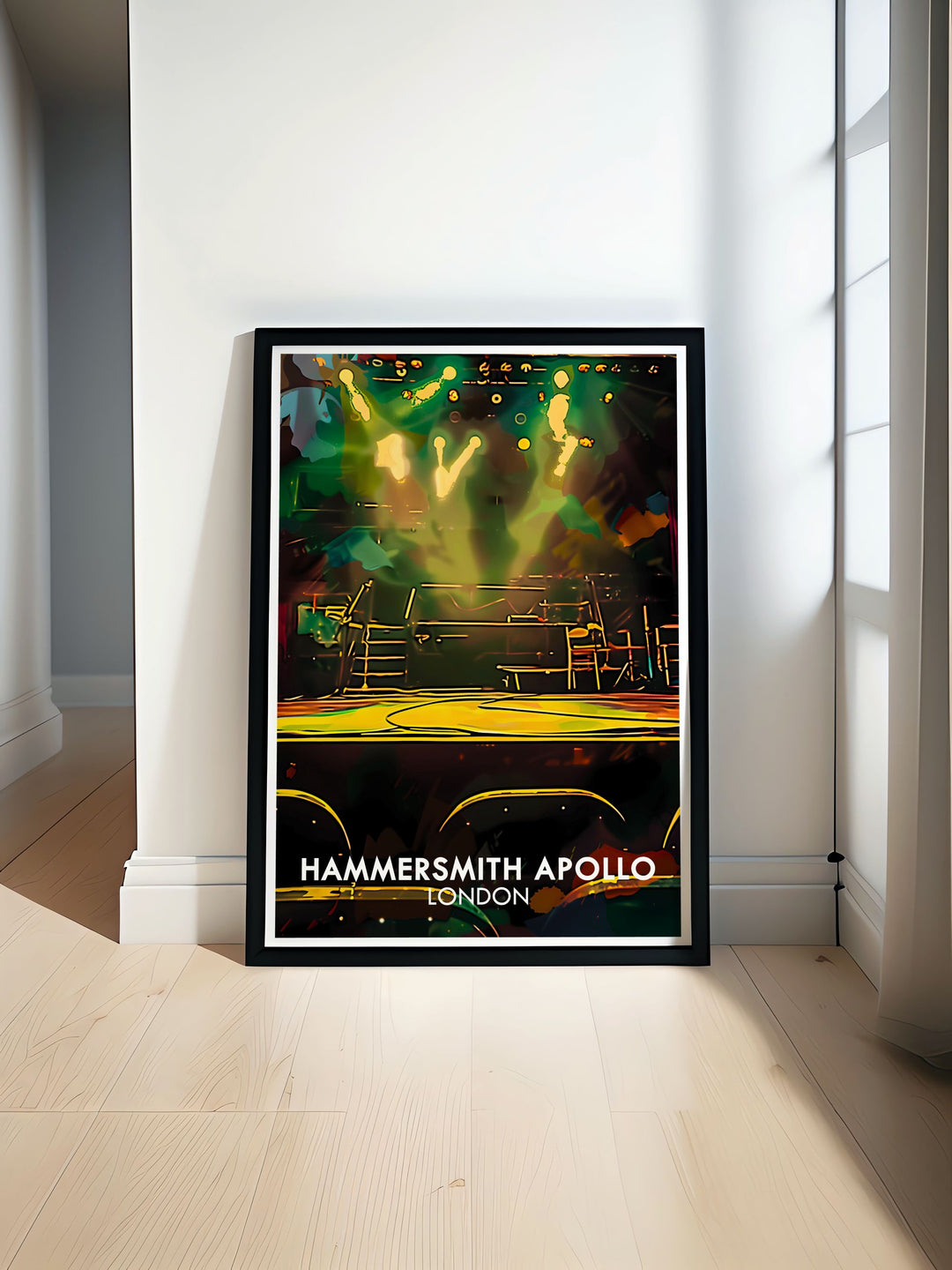 The travel poster of Hammersmith Apollo captures its iconic stage, highlighting the vibrant energy and historical significance of this legendary music venue in London.