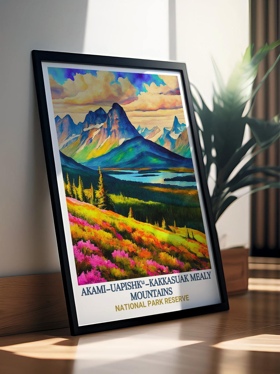 Akami−Uapishkᵘ−KakKasuak National Parks grandeur is brought to life in this travel poster. Featuring the dramatic landscapes of the Mealy Mountains and the tranquil shores of Lake Melville, it offers an inspiring view of Newfoundlands wild beauty.