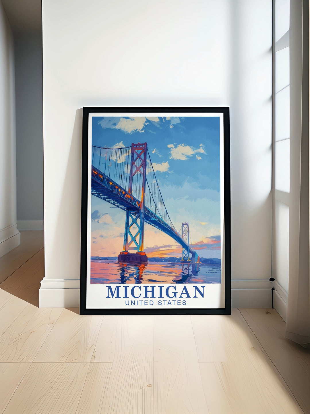 Featuring the Mackinac Bridge and the Leelanau region, this vintage Michigan print is a timeless wall art piece for any home. With its bright and vibrant design, this USA travel poster is perfect for adding character and warmth to any living space or Airbnb decor.