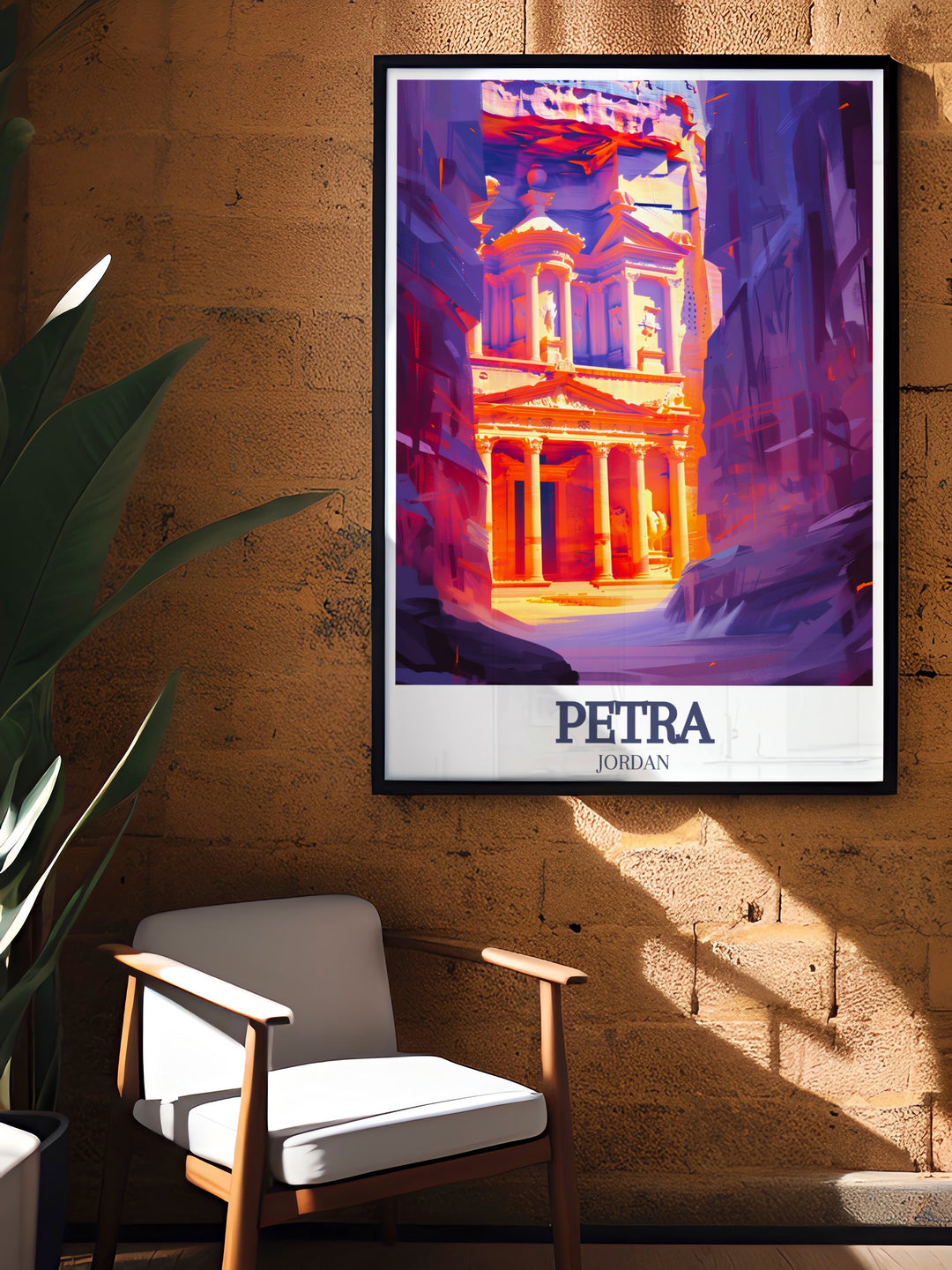 Petra Wall Poster featuring the famous Siq canyon and the breathtaking Treasury. This travel poster brings the awe inspiring beauty of Petra into your home, perfect for anyone who loves adventure and history.