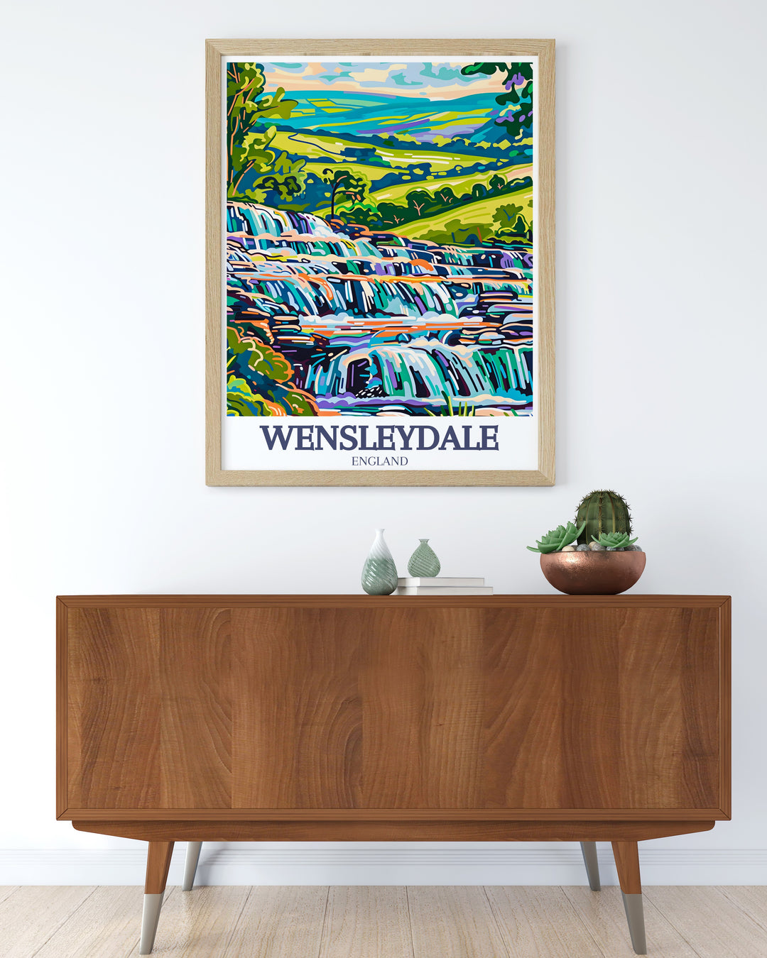 Celebrate the Yorkshire Dales with this stunning Wensleydale travel print. Depicting the lush landscapes and famous Aysgarth Falls, this canvas art is ideal for anyone who loves the beauty of North Yorkshires countryside. A thoughtful gift or striking piece of wall art for your home.