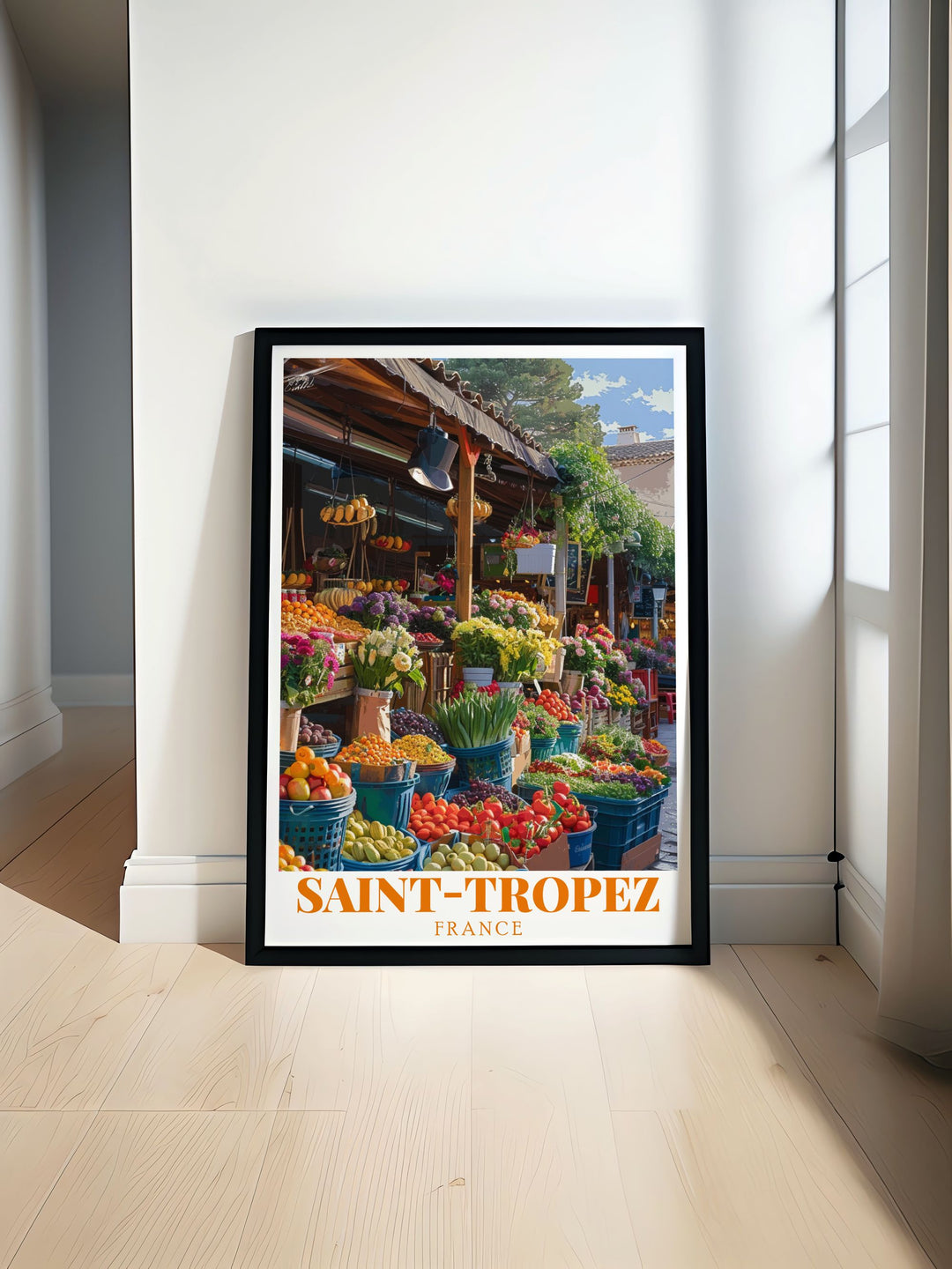 Stunning St Tropez travel poster paired with Place des Lices Market artwork bringing French Riviera charm to any room. Perfect for home decor with vibrant colors and elegant design. Ideal for living rooms bedrooms or offices with coastal decor.