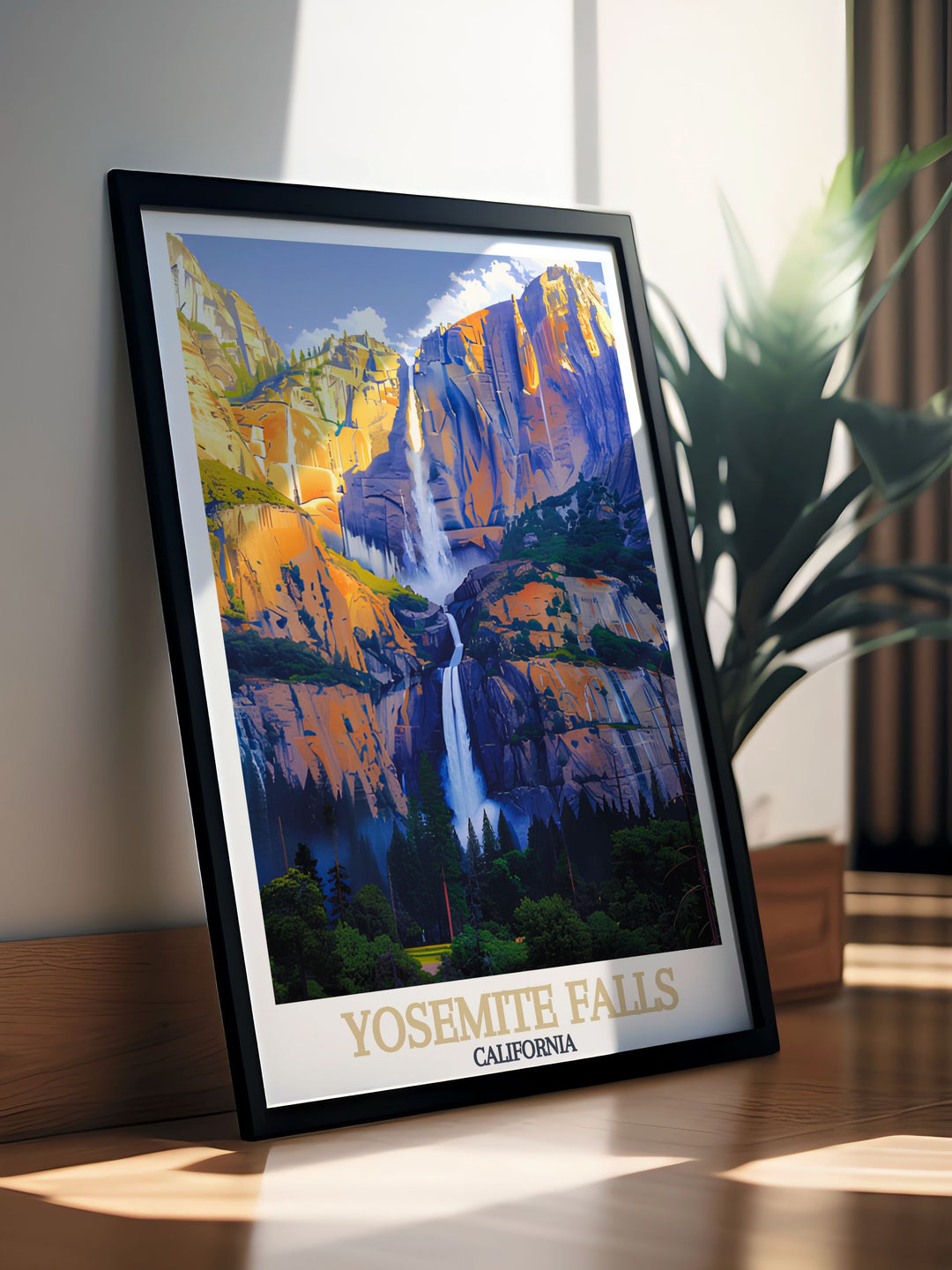 California print of Yosemite Falls depicting the grandeur of the waterfall and its serene environment in stunning detail