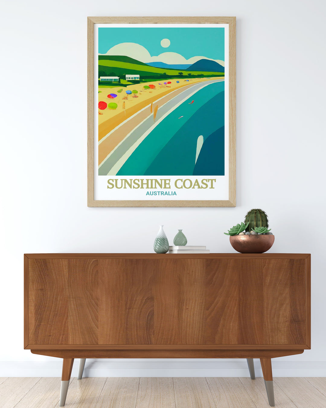 A stunning Australia travel print featuring the golden shores of Mooloolaba Beach on the Sunshine Coast. This detailed Australia wall art brings the vibrant coastal beauty into your home, perfect for nature lovers and as a travel gift for friends and family.