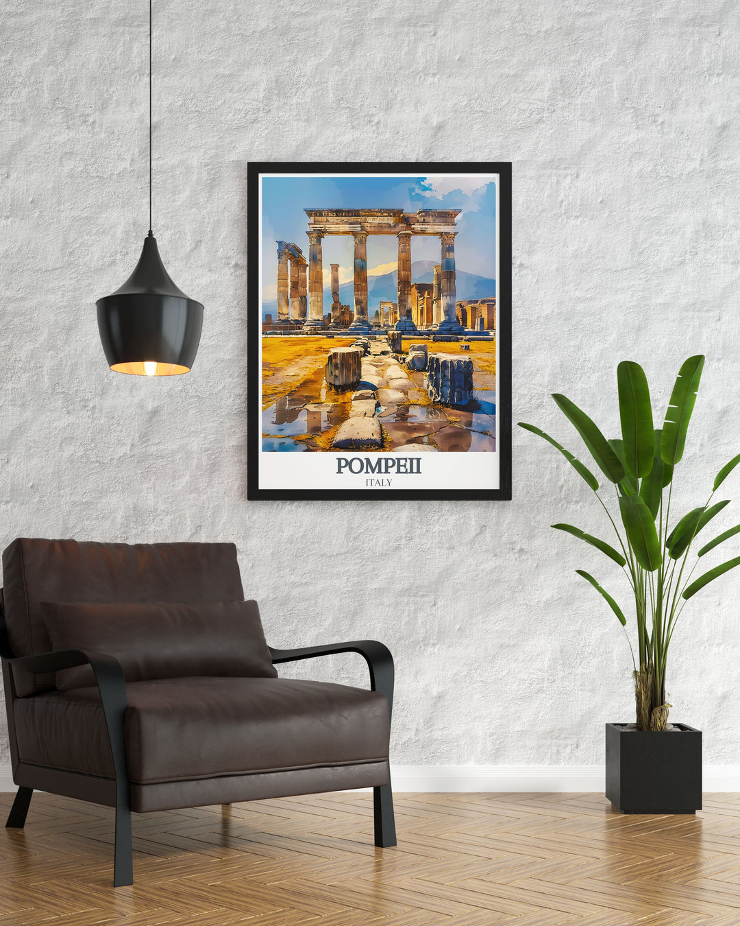 This Pompeii ruins print captures the Temple of Apollo with Doric Columns and Mount Vesuvius offering stunning prints for any art and collectibles collection.