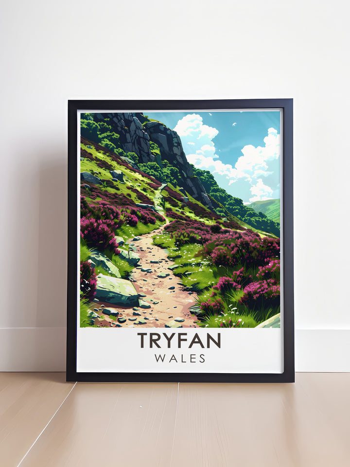 Retro travel poster showcasing the majestic landscapes of Snowdonia and Heather Terrace perfect for vintage art collectors