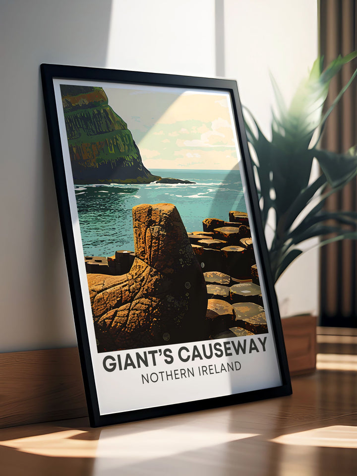Vintage poster of the Giants Boot, highlighting the peculiar rock formation and its place in Irish folklore, ideal for those who appreciate the blend of natural wonder and mythological charm.